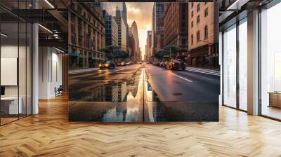 Sunrise Symphony: Future New York City with Marvelous Sky Reflections. Wall mural