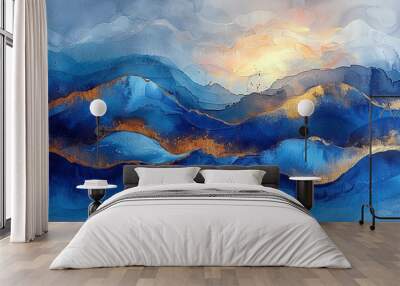 This stunning abstract ink painting evokes the ebb and flow of ocean waves, rendered in deep blue tones with luxurious gold accents, creating a dynamic and fluid composition. Wall mural