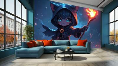 A cute, hooded cat-girl with glowing eyes holds a fiery torch against a dark, magical background. . Wall mural