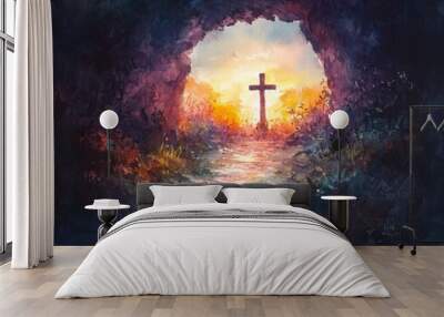 A dark cave opening reveals a glowing cross and a path leading to a bright, golden sky.  Hope and redemption shine through. . Wall mural