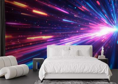 A futuristic abstract background featuring bright blue, pink, and orange light streaks radiating from a central point. . Wall mural