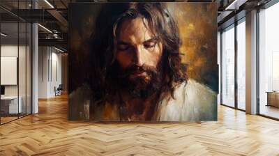 A painting of Jesus Christ, with a gentle, sorrowful expression. His long hair falls over his shoulders and his eyes are closed in contemplation. . Wall mural