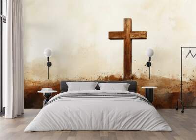 A simple wooden cross stands tall against a faded, earthy background, symbolizing faith and hope. . Wall mural