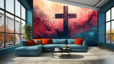 A wooden cross stands tall against a backdrop of swirling red and blue hues, symbolizing Jesus Christ's sacrifice and the promise of hope. . Wall mural