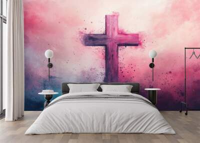 A wooden cross stands tall against a vibrant pink and blue sky, symbolizing hope and faith in Jesus Christ. . Wall mural