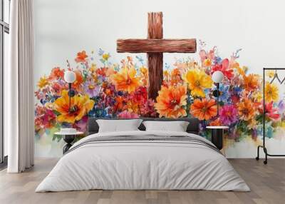 A wooden cross stands tall amidst a vibrant field of blooming flowers, symbolizing hope and faith.  . Wall mural