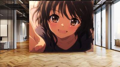 A young anime girl with brown hair smiles brightly and points with her index finger. Wall mural