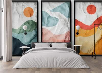 Abstract landscape with sun in a black frame on a white wall. Wall mural