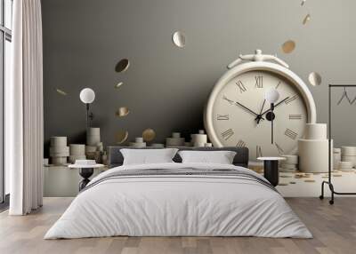 Alarm clock with pile of coins in the white table. Time is money background concept Wall mural