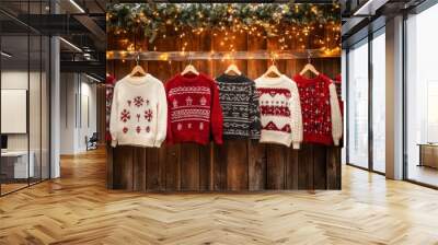 Cozy Christmas sweaters hang from a rustic wooden fence adorned with twinkling lights. Wall mural