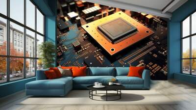 High tech computer engineer with circuit board chip processor. Central Computer Processors CPU concept. Computer hi-technology background Wall mural