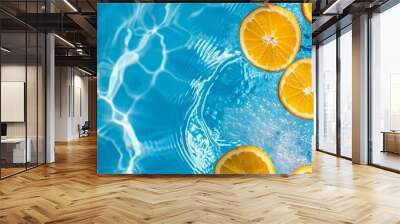 Orange fruits slice in the swimming pool water. Fresh summer background concept Wall mural