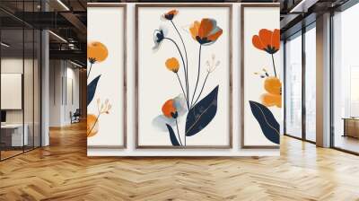 Set of three frames with retro flower illustrations in Scandinavian style, with a navy blue and orange color palette. Simple shapes in wood frames against a white background. Wall mural