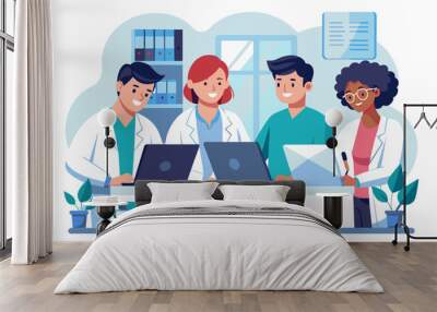 Doctor hospital team medical document health medicine healthcare meeting teamwork laptop computer technology clinic office modern flat design simple vector illustration isolated transparent background Wall mural