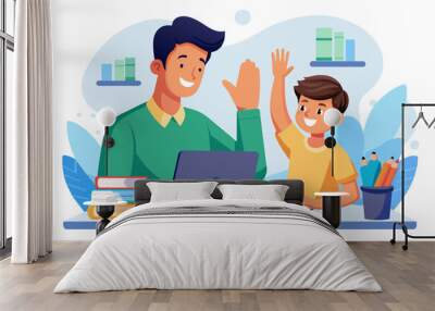 father child home family homework son teenage parent education teamwork high five high five laptop teen boy kid teaching man young happy learning together school computer success achievement Wall mural