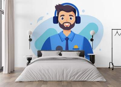 Portrait of a young serious and confident man with a beard and a blue shirt wearing a headset holding a microphone in his hand in the office looking at the camera modern flat design simple vector Wall mural