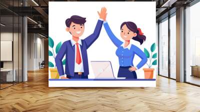 Two happy cheerful professional business team people executives middle aged man and woman giving high five in office celebrating corporate success teamwork achievement and leadership at work modern Wall mural