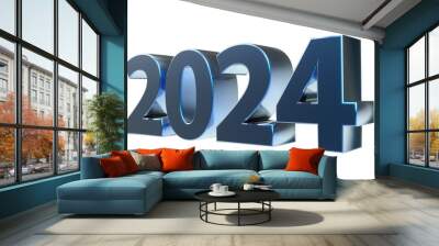 2024 3D-Schrift, Jahreszahl, Kalender, metallisch, blau, Perspektive, Nummer, Jubiläum, Neujahr, Jahreswechsel Wall mural