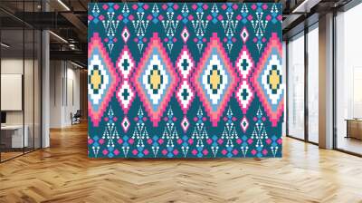 Geometric pixel ethnic seamless pattern home decoration design. Aztec fabric carpet boho mandalas textile decor wallpaper. Tribal native motif decorative folk traditional embroidery vector background Wall mural