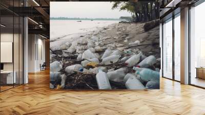 Plastic trash tainting river waters, environmental issue, sustainability  Wall mural