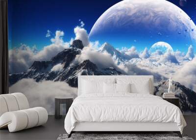 Celestial view of snow capped mountains and an alien planet. Wall mural