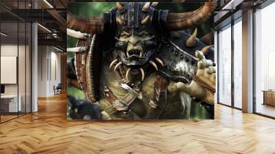 Close up of a savage orc brute heavily armored and running into battle wearing traditional gear and equipped with a flail weapon . Fantasy themed medieval character. 3d Rendering Wall mural