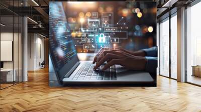 Cyber security network. Data protection concept. Businesswoman using laptop computer with digital padlock on internet technology networking with cloud computing and data management, cybersecurity Wall mural