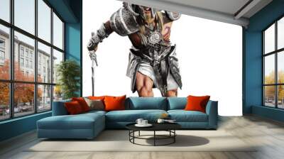 Fierce armored barbarian warrior running into battle on an isolated white background. 3d rendering illustration Wall mural