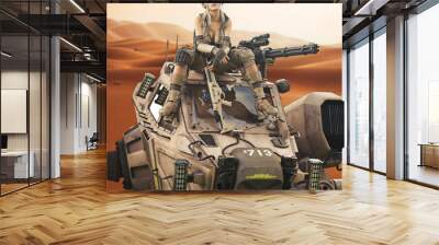 Futuristic Female soldier sitting on top of her piloted Mech robot machine. 3d rendering  Wall mural