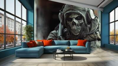 Highly skilled special operations elite soldier wearing a skull mask, weaponized and headset coms Wall mural