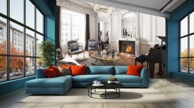 Luxury upscale elegant interior apartment with piano ,fireplace and chandelier . 3d rendering Wall mural