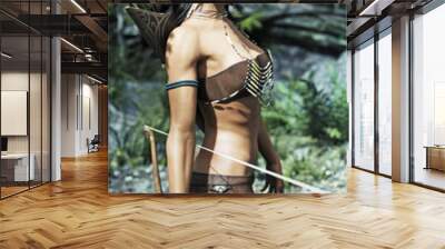 Native American female wearing traditional outfit and equipped with a bow. 3d rendering Wall mural