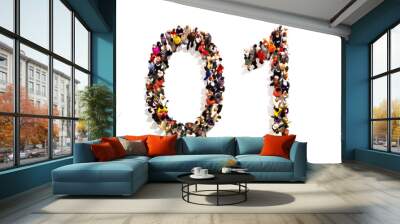 people forming the shape as a 3d number zero (0) and one (1) symbol on a white background. 3d render Wall mural