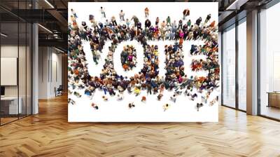 People that vote. Large group of people walking to and forming the shape of the word text vote on a white background. 3d rendering Wall mural