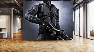 Portrait of a masked futuristic armored soldier with a studio background. 3d rendering Wall mural