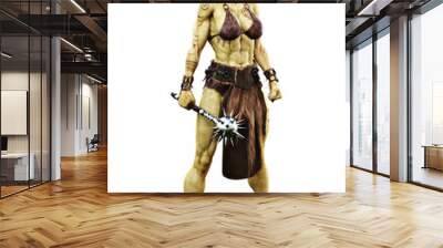 Savage Orc female posing holding a metal spiked flail. Fantasy themed character on an isolated white background. 3d Rendering Wall mural