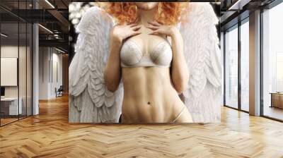 Sexy Caucasian curly red headed woman wearing white lace lingerie and angel wings. 3d rendering Wall mural