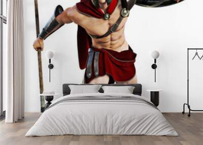 Spartan charge , Full length illustration of a Spartan warrior in Battle dress attacking on a white background. Photo realistic 3d model scene. Wall mural