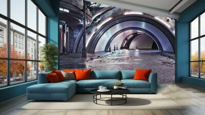 Urban city retro futuristic back drop tunnel background with neon accents. Neo-noir style 3d rendering. Wall mural