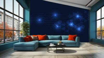 Abstract futuristic digital high technology background with hexagonal network and glowing point. Wall mural