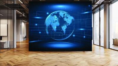 Digital communication system wire connecting network around the world.Dark blue futuristic for technology background  banner and wallpapers.Vector illustrations. Wall mural