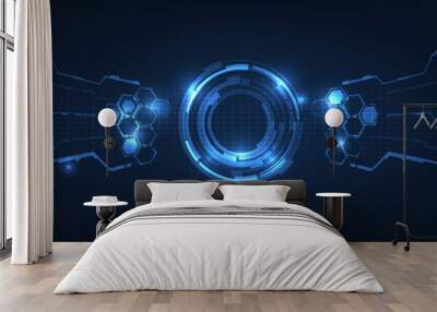 Vector illustration of futuristic digital technology background with circle tech head up display,grid field and circuits network panel for advertising and game graphic  Wall mural