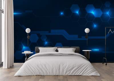 Vector illustrations of abstract blue digital hi tech background with glowing horizontal line and digital element circuit pattern.Digital technology concept. Wall mural