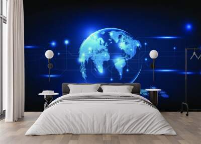 vector illustrations of holograme neon blue earth sphere for futuristic digital technology artwork. Wall mural