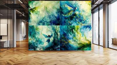 Vibrant watercolor washes of a fairy in a fantasy land, dynamic blues and greens, creating a lively and otherworldly scene  Wall mural