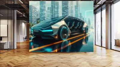 Autonomous driving in the Future of urban car mobility, AI car, futuristic neon car on the street in futuristic city in 8K created with generative ai technology Wall mural