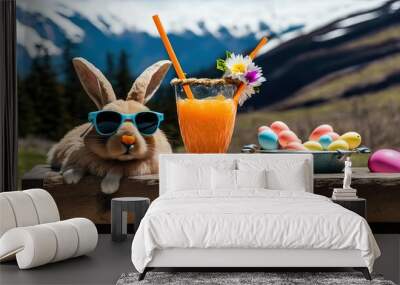 Colorful beautiful Easter dream with Easter bunny on vacation trip created with generative ai technology Wall mural