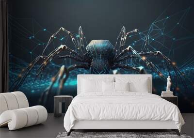 Cyber microchip spider networked on a digital data spider web mesh, artificial intelligence created with generative ai technology Wall mural