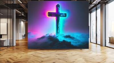 Holy Neon Cross created with generative ai technology Wall mural