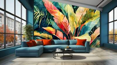 Watercolor Painting tropical ti plant using layering (glazing), rich and deep colors, textured paper background Wall mural